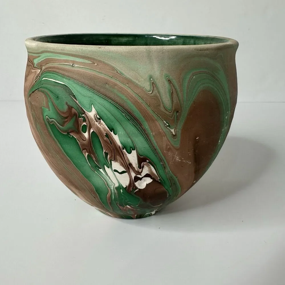 Art Pottery Planter Marked Yosemite National Park Vase Green Brown Swirl 4